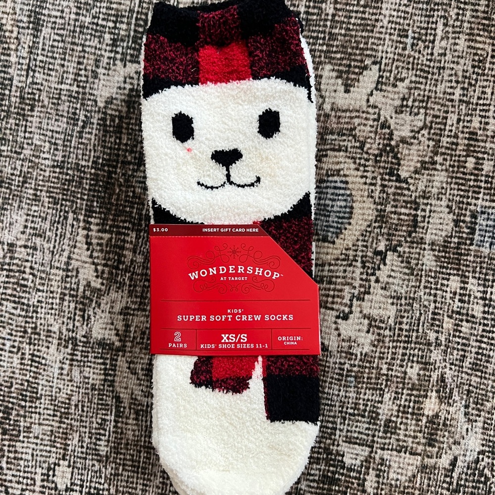 Wondershop White Crew Socks with Red & Black Plaid Bear